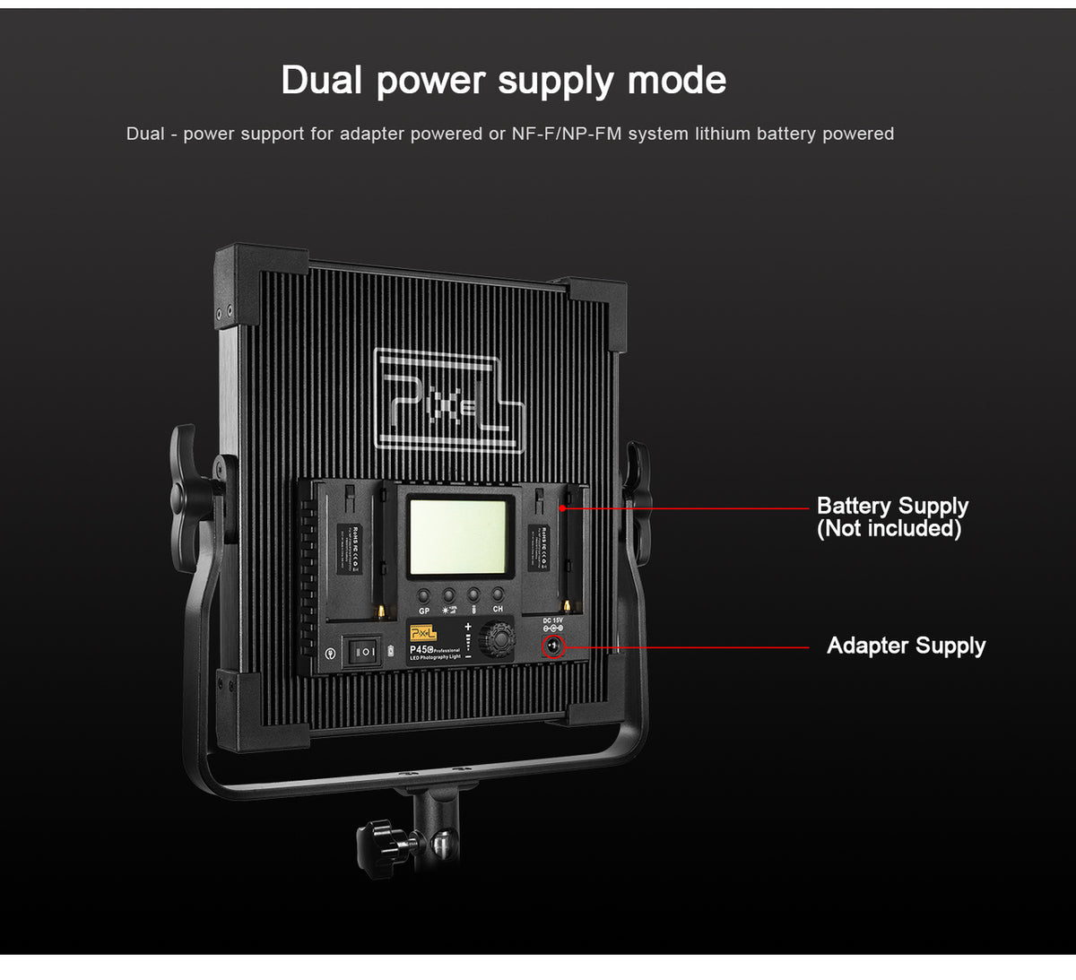 PIXEL VIDEO LED LIGHT P45C 160W BI-COLOR(3000-8000K) 2 Head Kit(F970 Battery Option:NP-F970 Battery (7200mAh) With Charger)