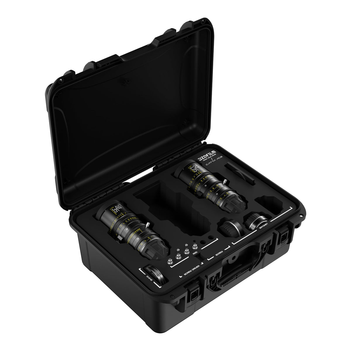 DZOFILM Catta Ace 18-35mm and 70-135mm T2.9 cine zoom 2-lens bundle, open hard case, angled view