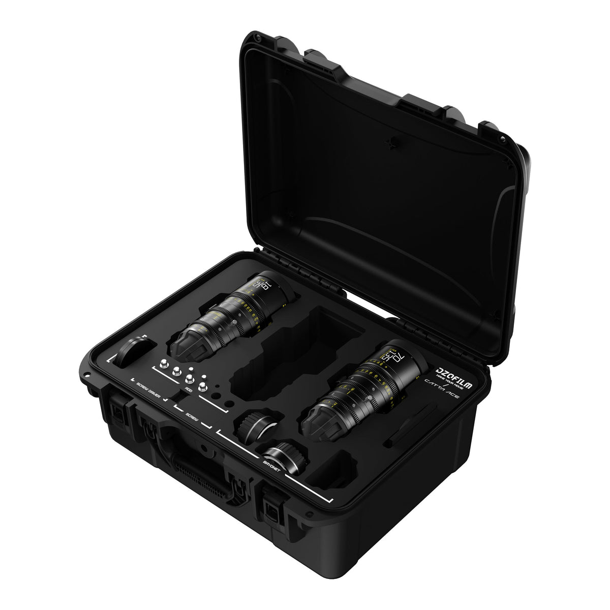 DZOFILM Catta Ace 18-35mm and 70-135mm T2.9 cine zoom 2-lens bundle, open hard case, alternate angle
