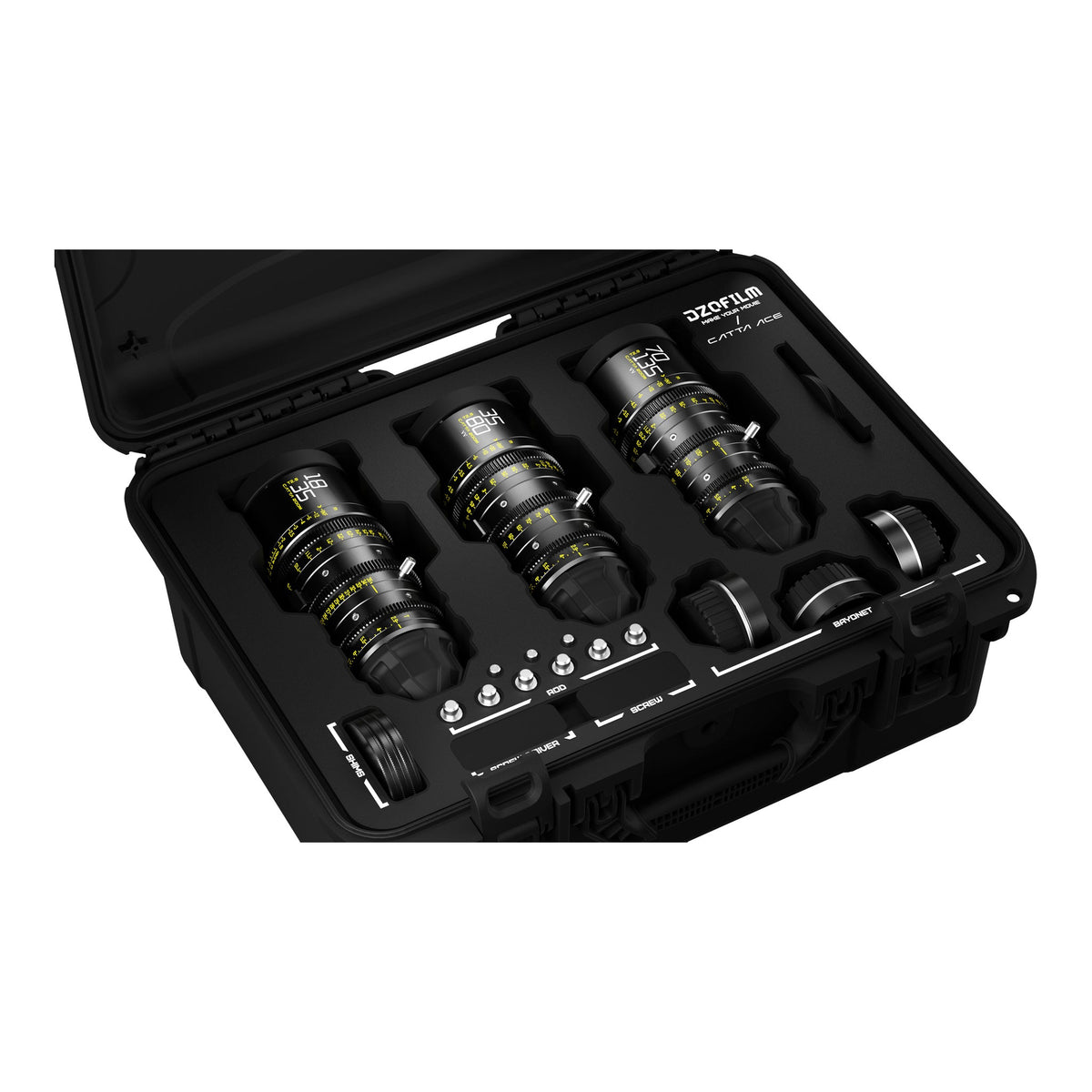 DZOFILM Catta Ace 18-35mm, 35-80mm and 70-135mm T2.9 cine zoom 3-lens bundle, open hard case, angled view