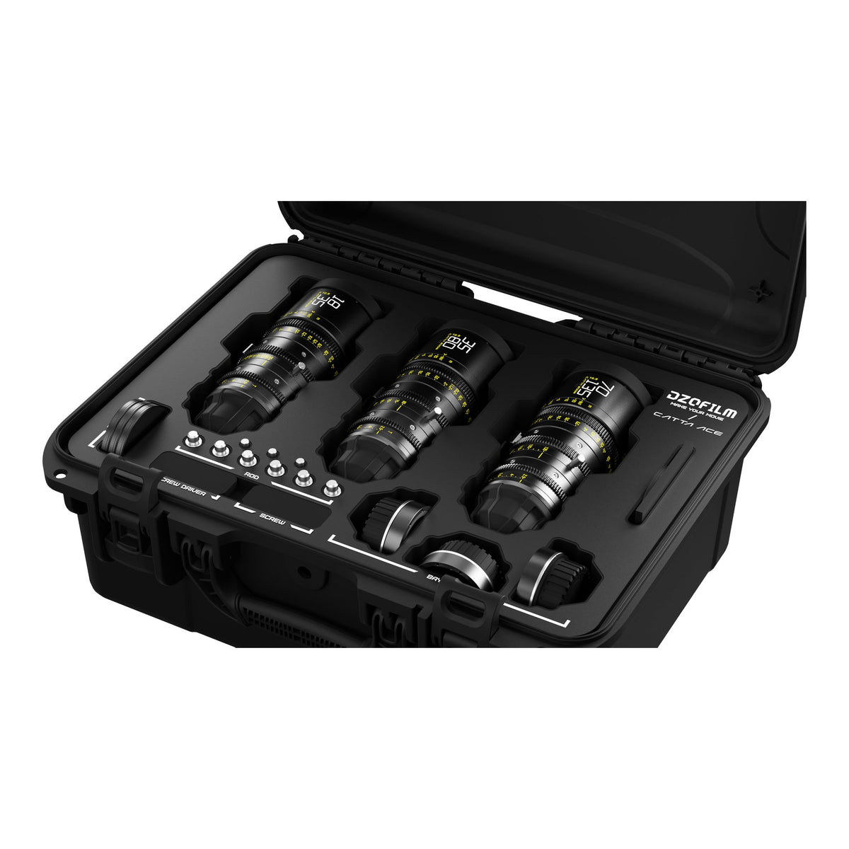 DZOFILM Catta Ace 18-35mm, 35-80mm and 70-135mm T2.9 cine zoom 3-lens bundle, open hard case, alternate angle
