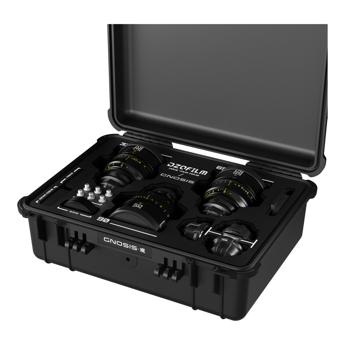 DZOFILM GNOSIS 32mm, 65mm and 90mm T2.8 macro cine lens kit - open case angle view