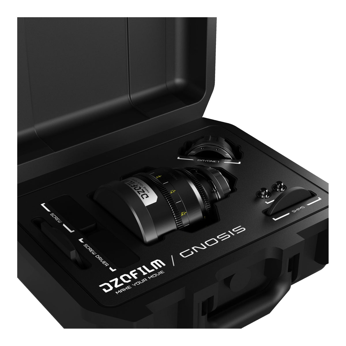 DZOFILM GNOSIS 32mm T2.8 macro cine lens in open hard case - angle view