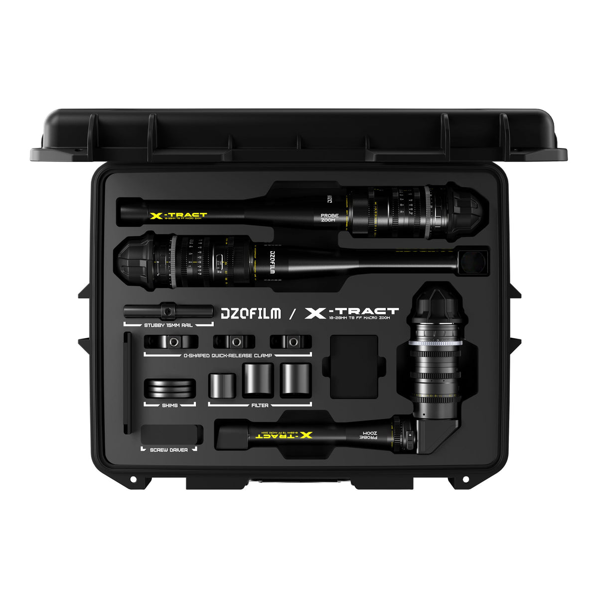 DZOFilm X-Tract 18-28mm T8 0°, 90° and 360° Probe Zoom 3-Lens Kit in open hard case