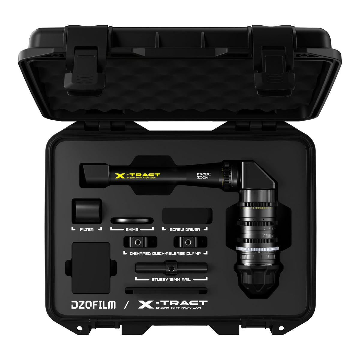 DZOFilm X-Tract 18-28mm T8 360° Periscope Probe Zoom Lens in open hard case