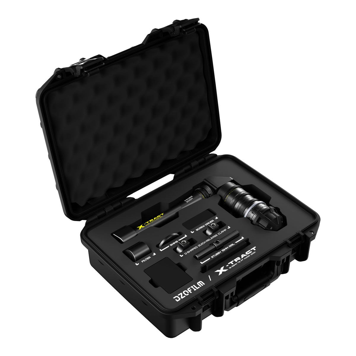 DZOFilm X-Tract 18-28mm T8 360° Periscope Probe Zoom Lens in open hard case, angled view