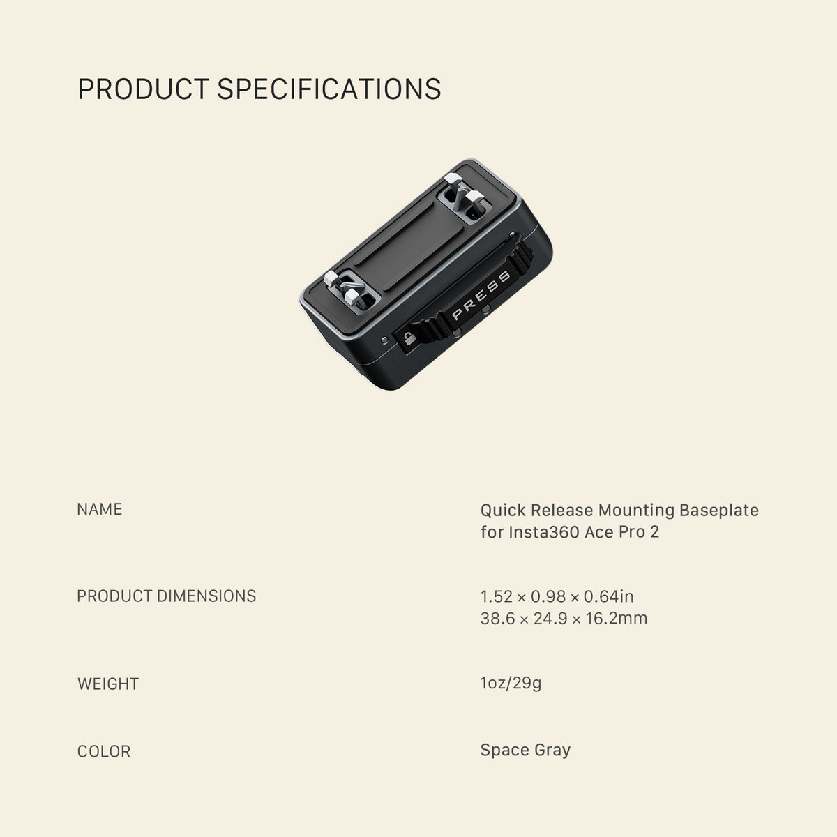 Tilta Quick Release Mounting Baseplate for Insta360 Ace Pro Series and X Series — Space Gray