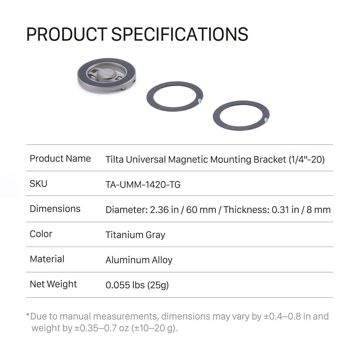 Tilta Universal Magnetic Mounting Bracket (1/4"-20) - Titanium Gray