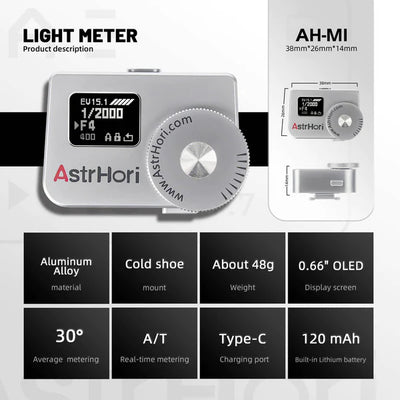 AstrHori AH-M1 Light Meter OLED Real-time Metering for Vintage Cameras Silver Version