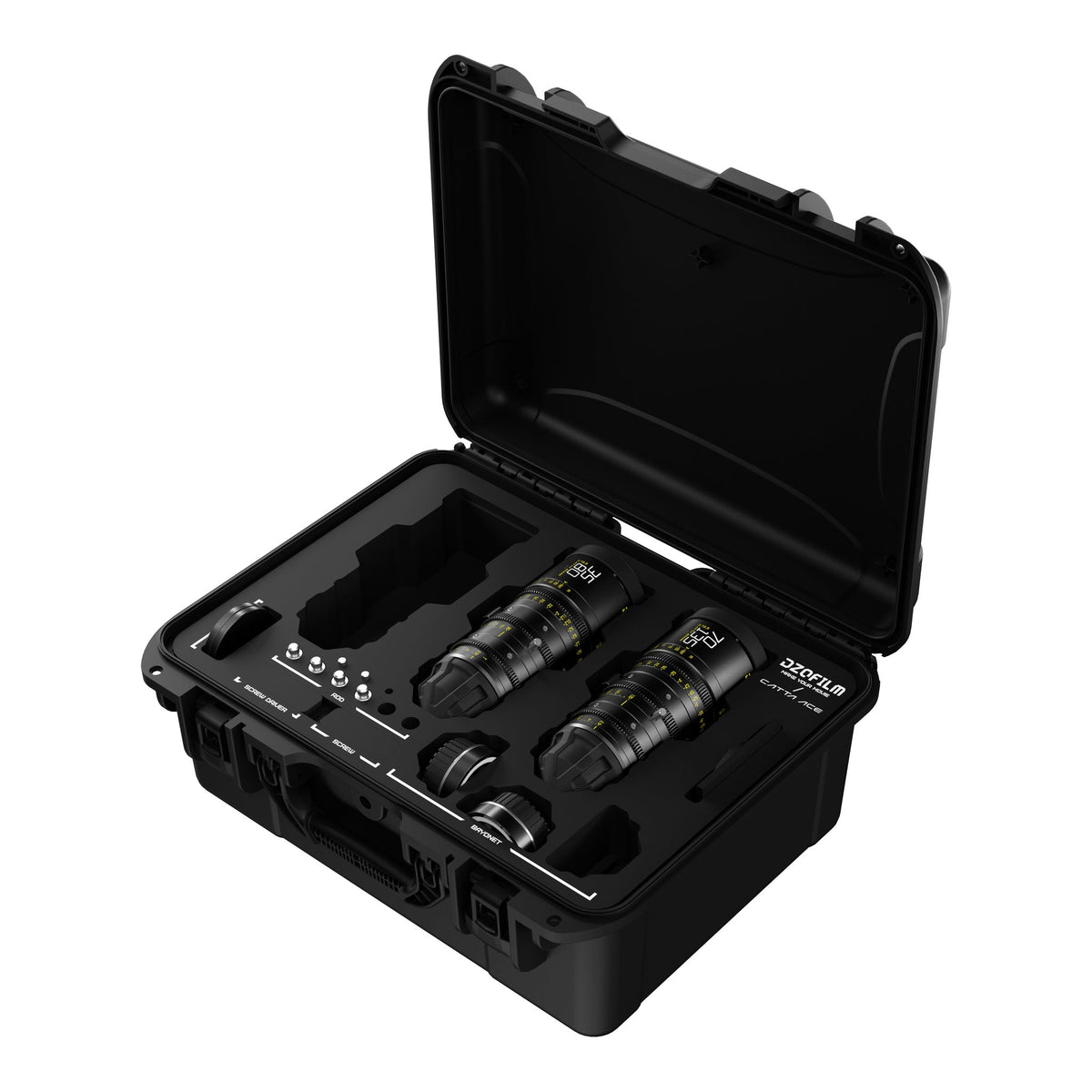 DZOFILM Catta Ace 35-80mm and 70-135mm T2.9 cine zoom 2-lens bundle, open hard case, angled view
