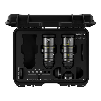 DZOFILM Catta Ace 35-80mm and 70-135mm T2.9 cine zoom 2-lens bundle, open hard case, top view