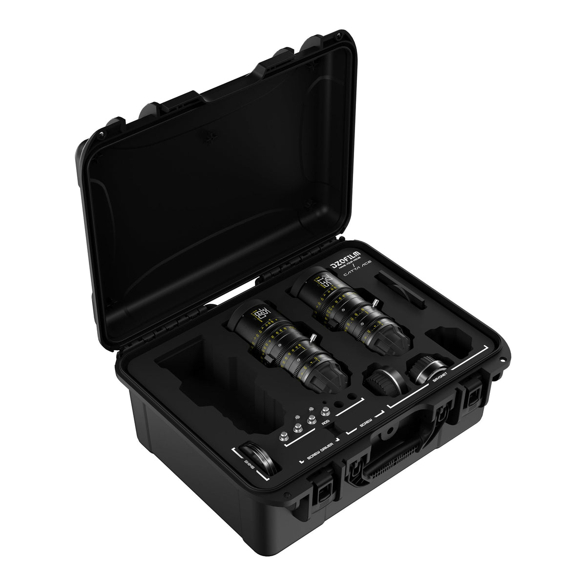DZOFILM Catta Ace 35-80mm and 70-135mm T2.9 cine zoom 2-lens bundle, open hard case, alternate angle