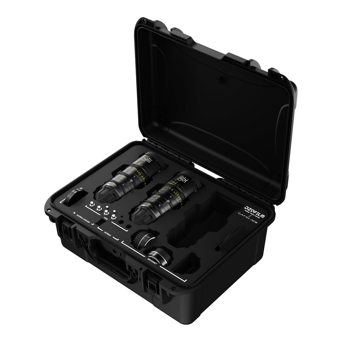 DZOFILM Catta Ace 18-35mm and 35-80mm T2.9 cine zoom 2-lens bundle, open hard case, angled view