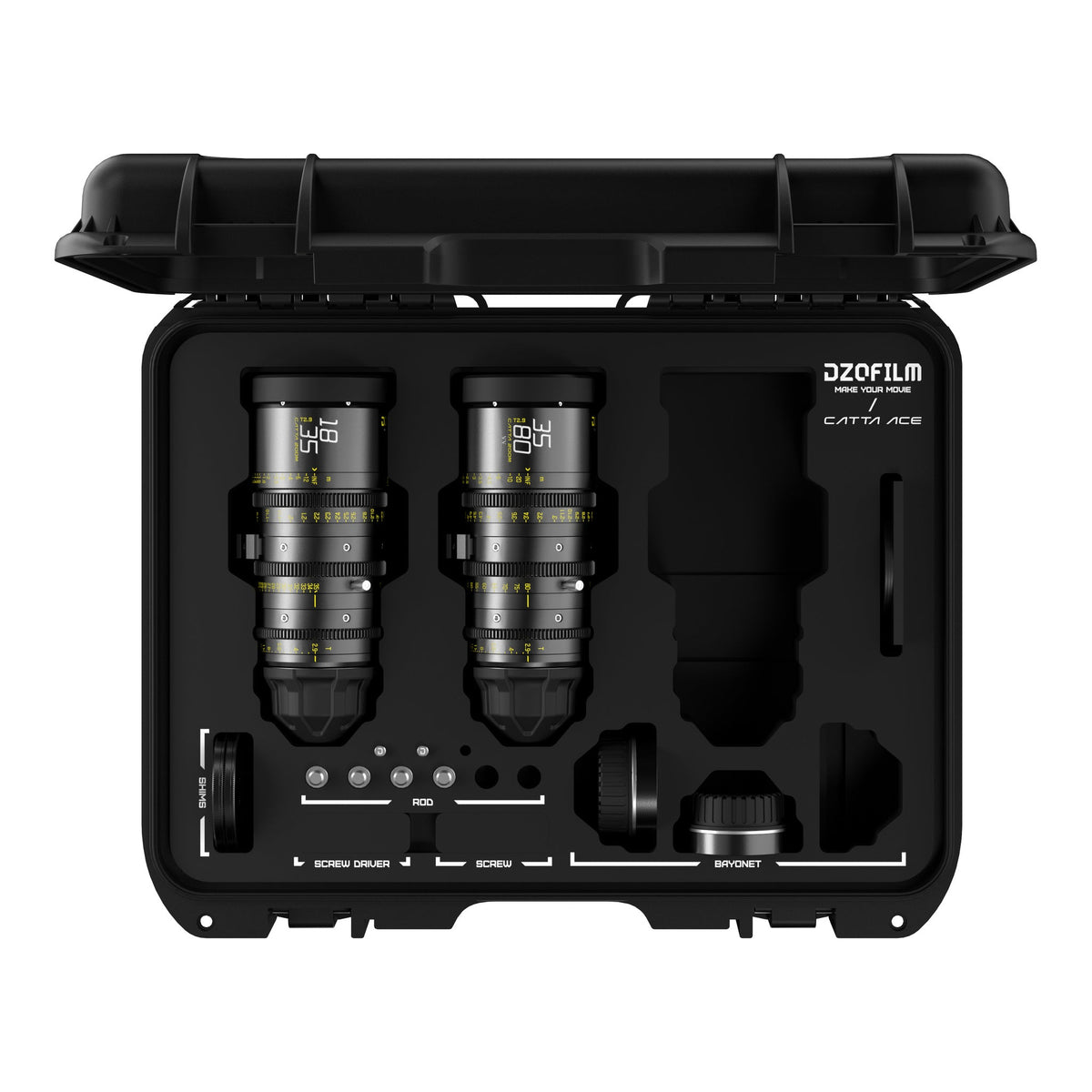DZOFILM Catta Ace 18-35mm and 35-80mm T2.9 cine zoom 2-lens bundle, open hard case, top view