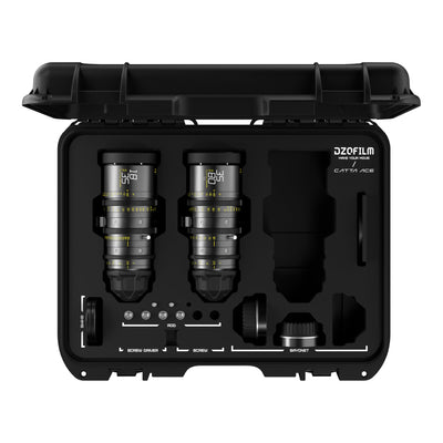 DZOFILM Catta Ace 18-35mm and 35-80mm T2.9 cine zoom 2-lens bundle, open hard case, top view