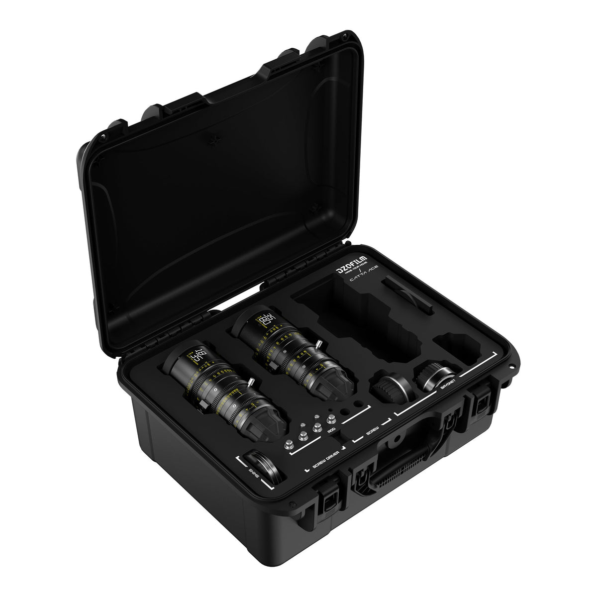 DZOFILM Catta Ace 18-35mm and 35-80mm T2.9 cine zoom 2-lens bundle, open hard case, alternate angle