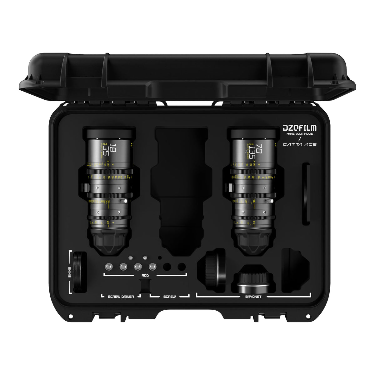 DZOFILM Catta Ace 18-35mm and 70-135mm T2.9 cine zoom 2-lens bundle, open hard case, front view