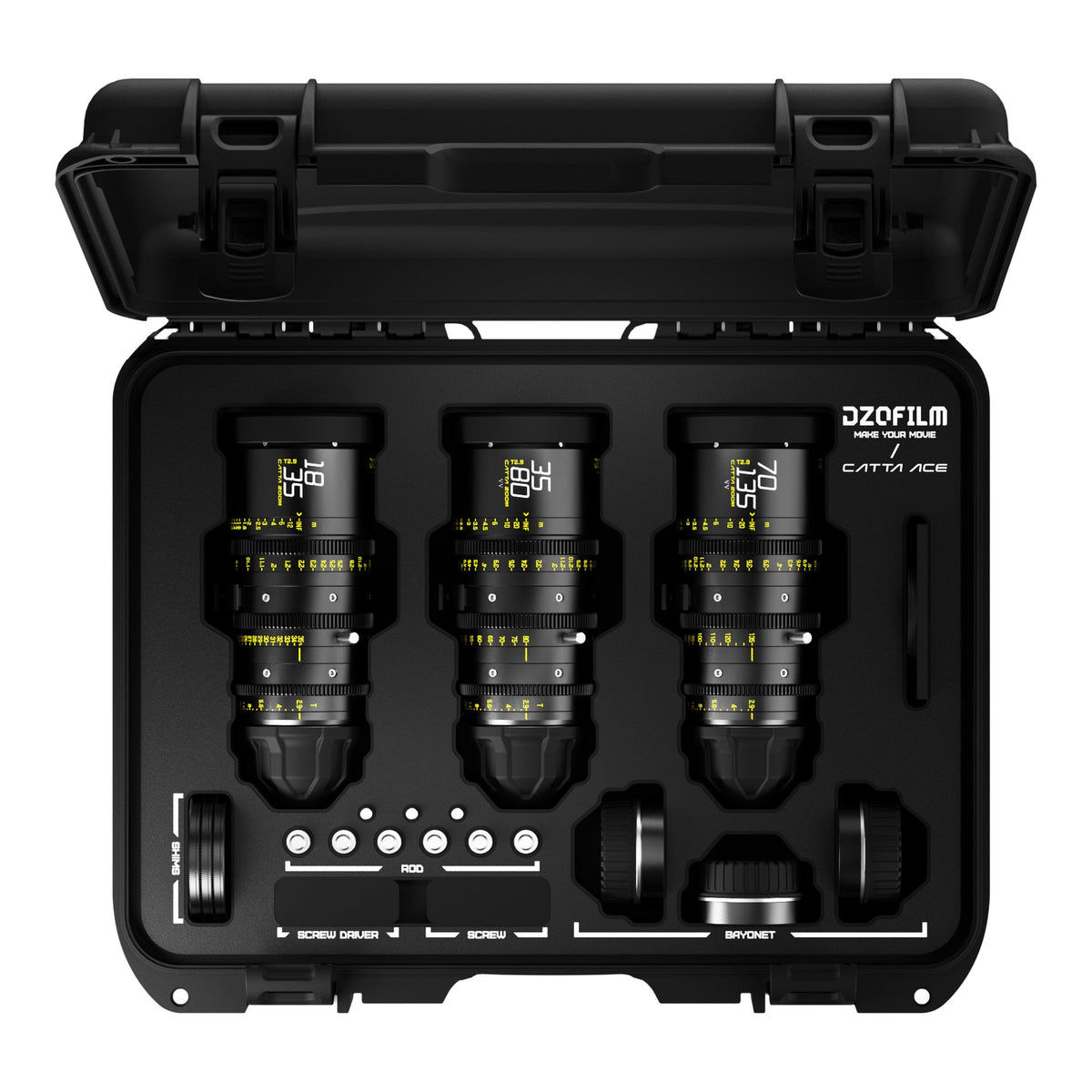 DZOFILM Catta Ace 18-35mm, 35-80mm and 70-135mm T2.9 cine zoom 3-lens bundle, open hard case, top view