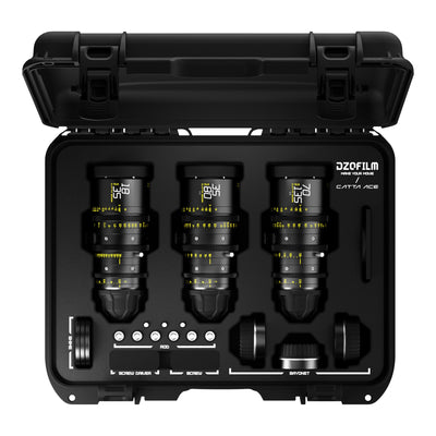 DZOFILM Catta Ace 18-35mm, 35-80mm and 70-135mm T2.9 cine zoom 3-lens bundle, open hard case, top view