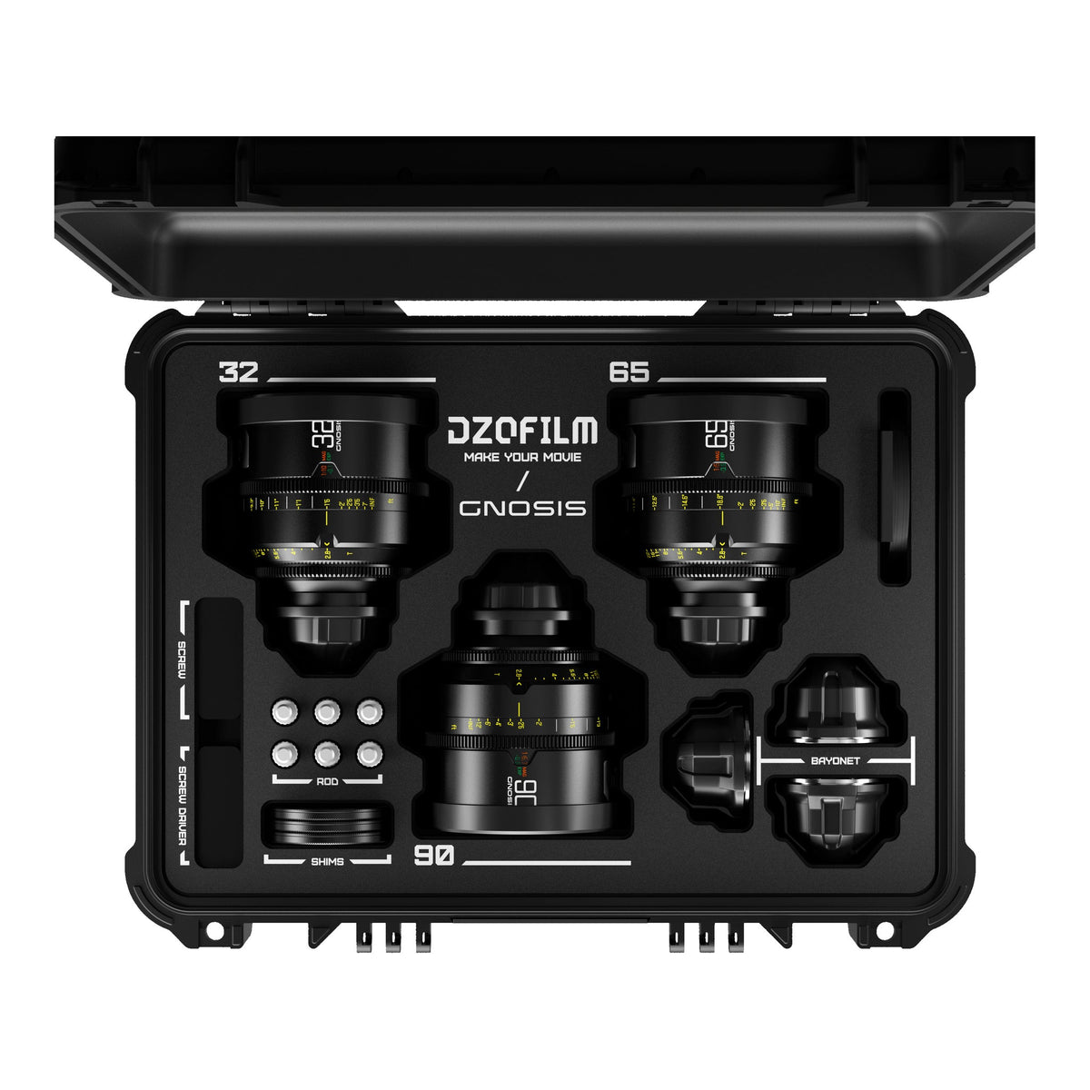 DZOFILM GNOSIS 32mm, 65mm and 90mm T2.8 macro cine lens kit - open case top view