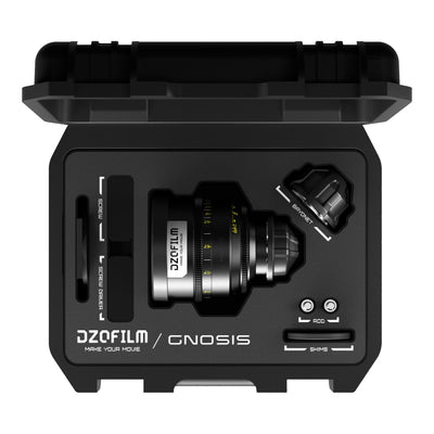 DZOFILM GNOSIS 32mm T2.8 macro cine lens in open hard case - top view