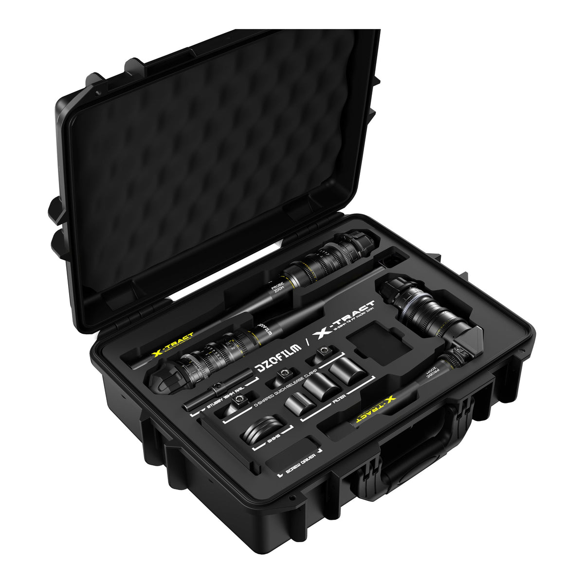 DZOFilm X-Tract 18-28mm T8 0°, 90° and 360° Probe Zoom 3-Lens Kit in open hard case, angled view