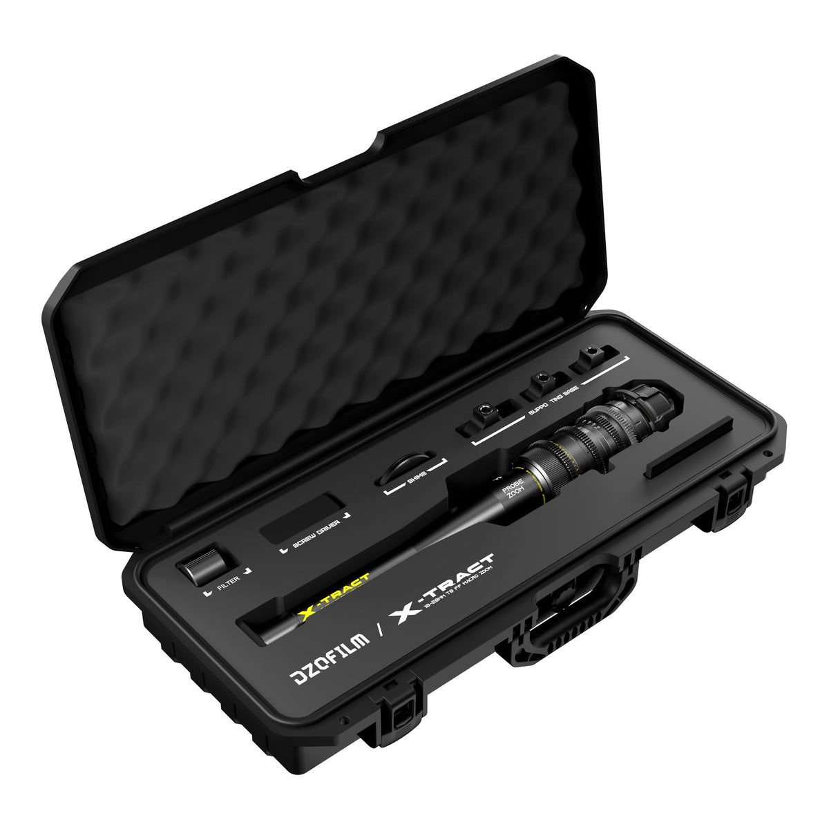 DZOFilm X-Tract 18-28mm T8 0° Direct Probe Zoom Lens in open hard case, angled view