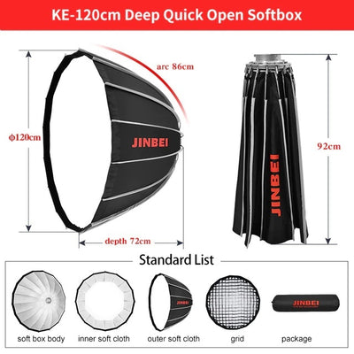 JINBEI 120cm Quick Fold Deep Parabolic Softbox With Grid - Bowens
