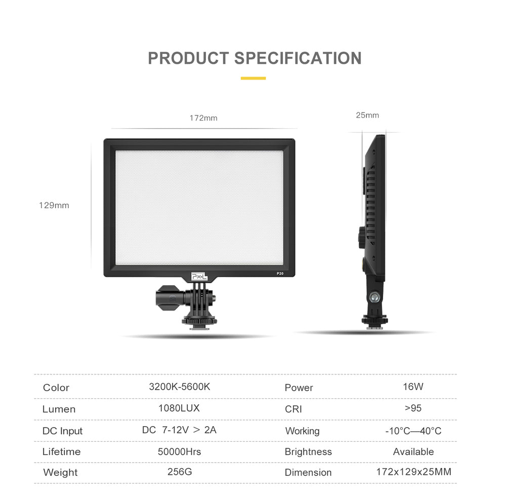 Pixel P20 Slim LED Video Light 3200K - 5600K Camera Panel Light