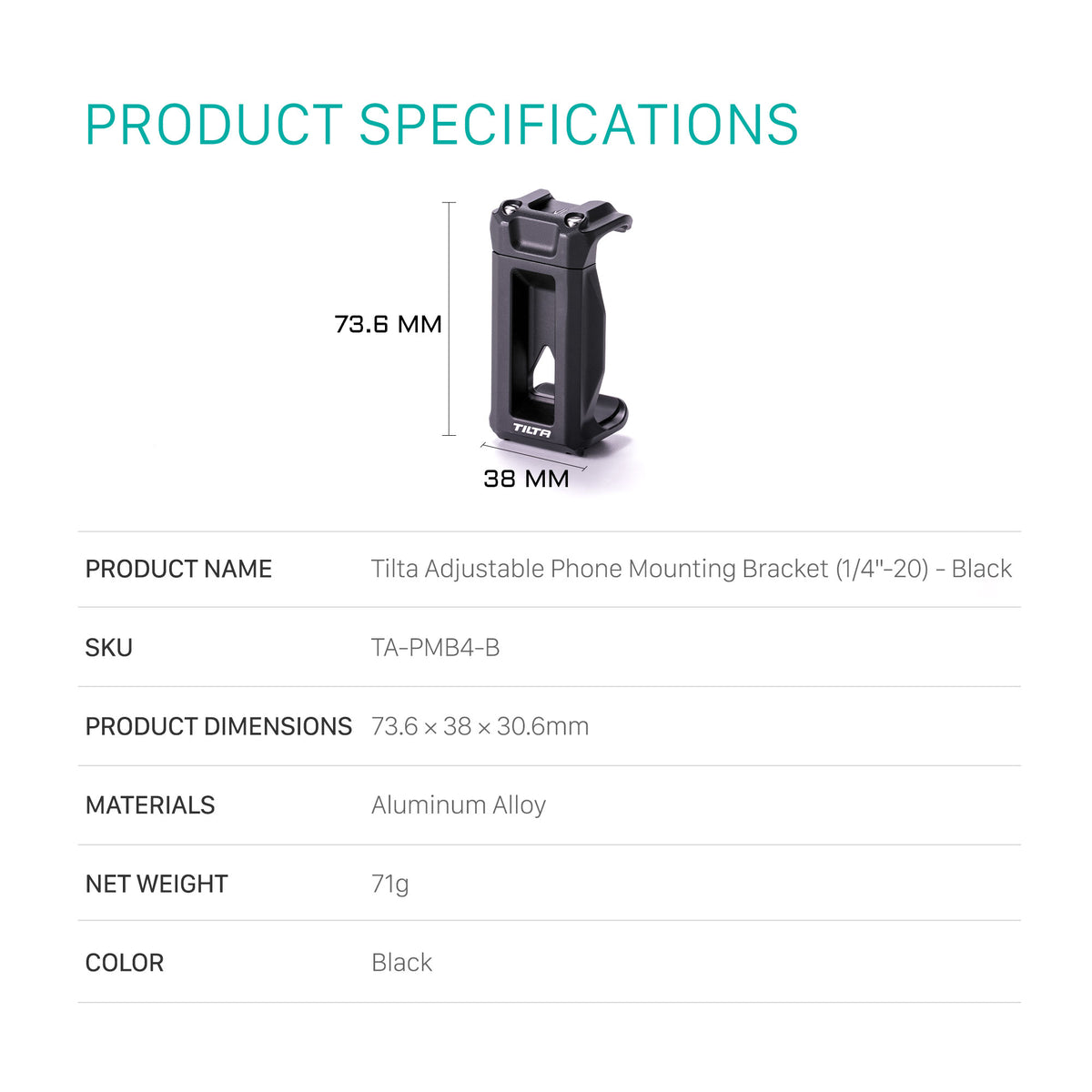 Tilta Adjustable Phone Mounting Bracket (1/4"-20) - Black
