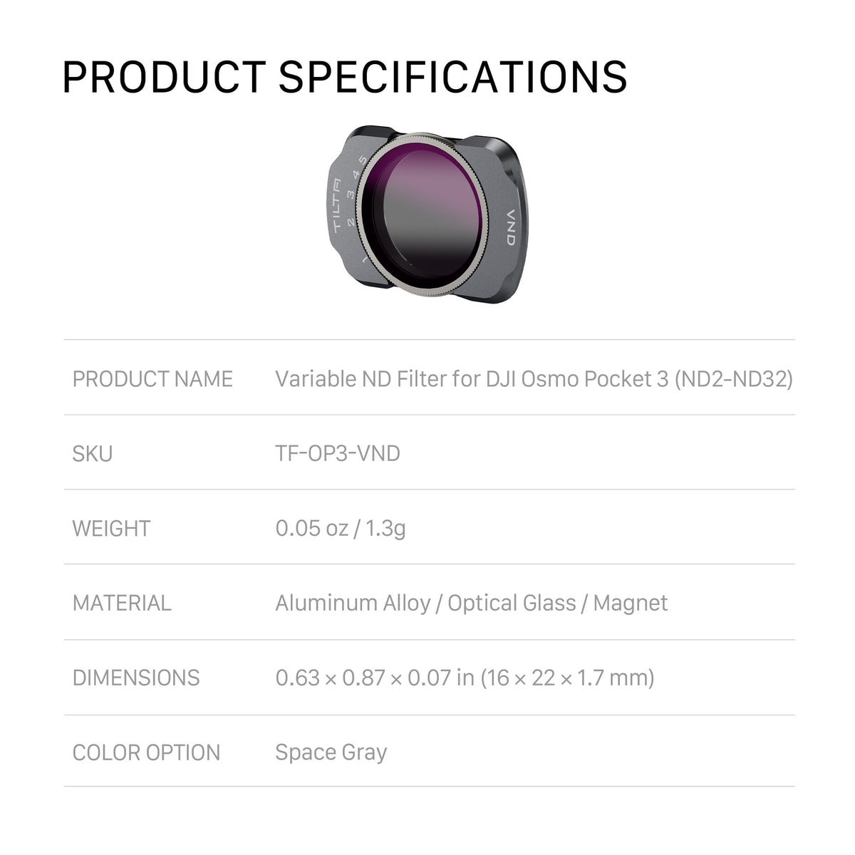 Tilta Variable ND Filter for Osmo Pocket 3/4 (ND2-ND32)