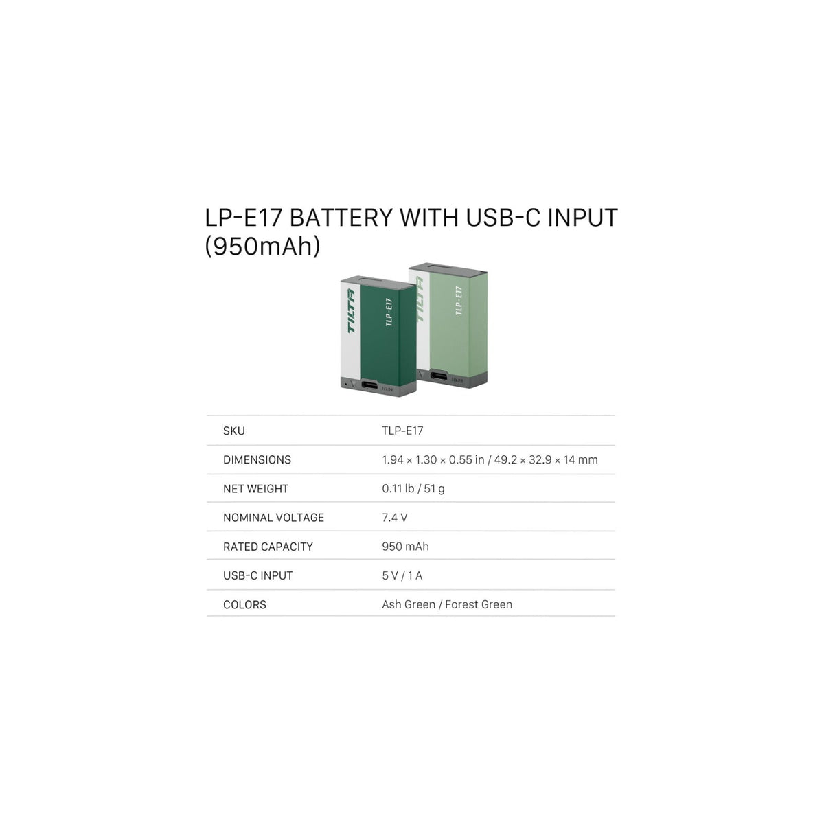 Tilta LP-E17 Battery with USB-C Input (950mAh) - Forest Green