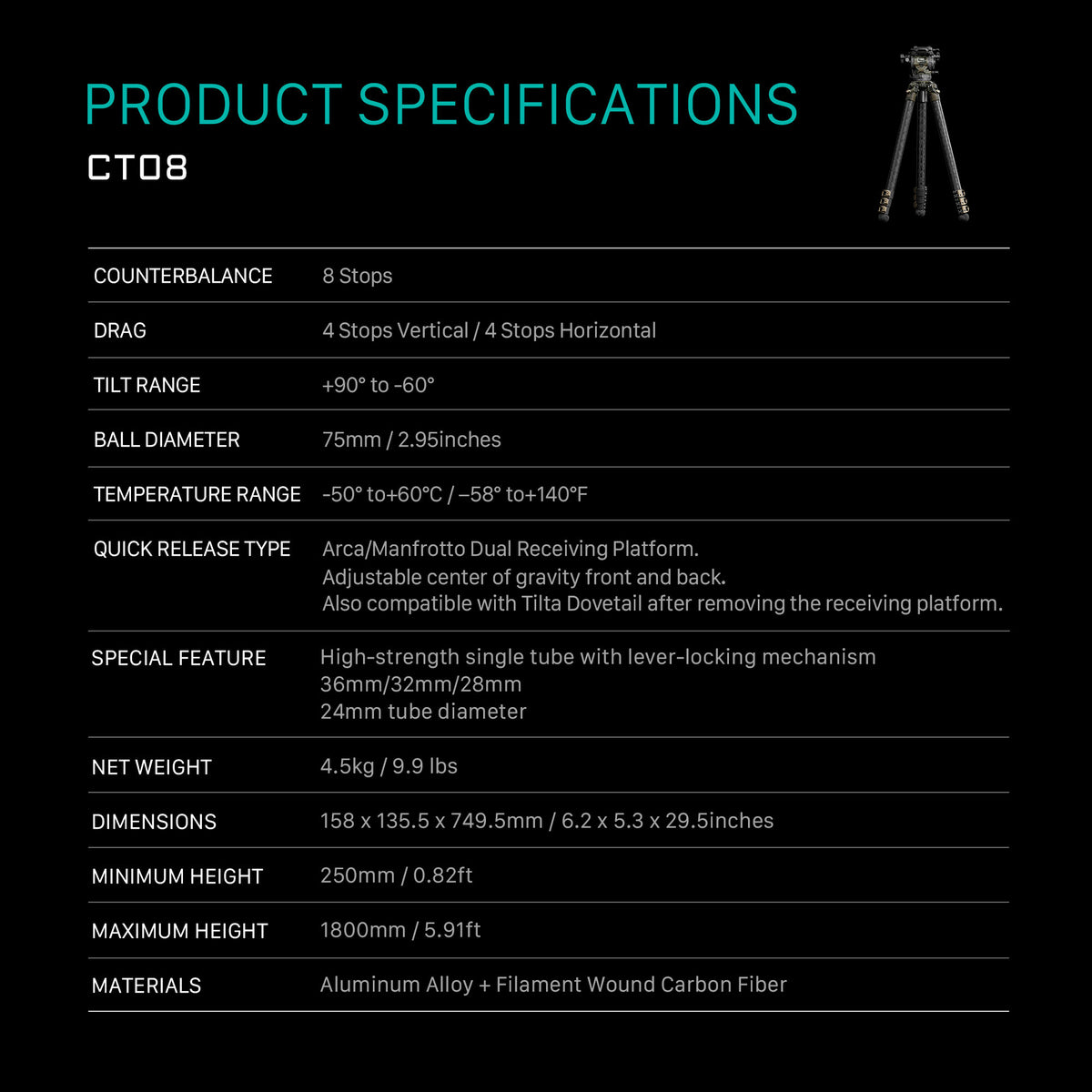 Tilta 75mm Cine Fluid Head with 3-Stage Carbon Fiber Tripod Legs (8KG) - Space Gray